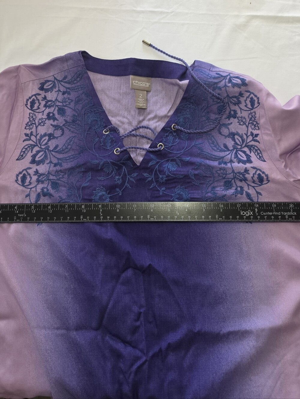 Chico's Size 2 Purple Ombre Embroidered Tunic Top Lace Up Boho Artisan Large - Picture 5 of 6